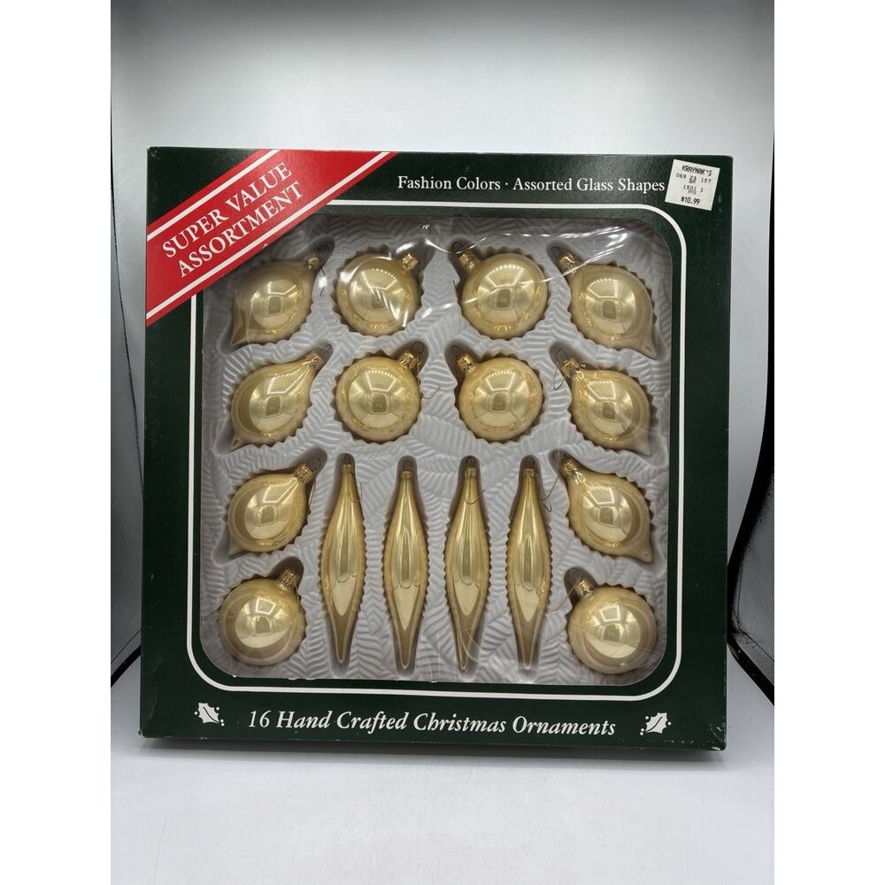 Bradford Novelty 16 Handcrafted Glass Christmas Ornaments Champagne Gold Asstd